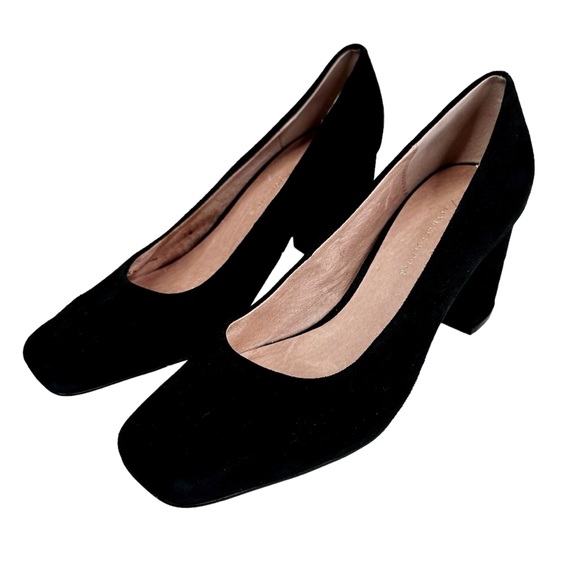 Anthropologie Eloise Square Toe Block Heel Pumps Black Suede SZ 8 Shoes Heels - Picture 4 of 16